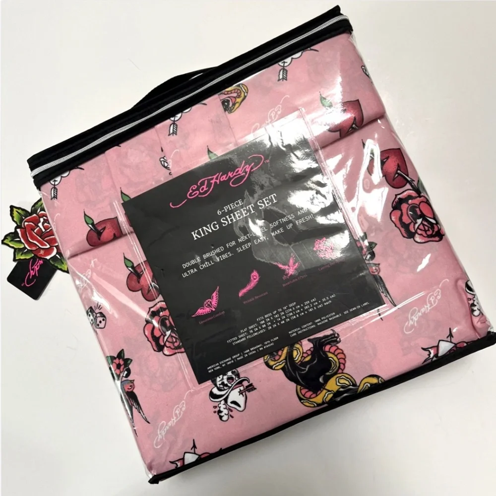 Ed Hardy King 6-Piece Sheet Set Americana Tattoo Heart Rose Swallow Print NWT